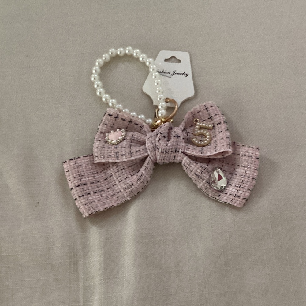 Pink Tweed Bow Keychain with Pearl Handle
